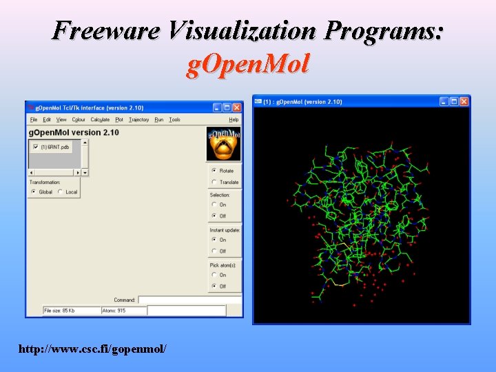 Freeware Visualization Programs: g. Open. Mol http: //www. csc. fi/gopenmol/ 