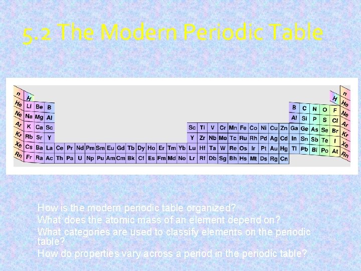 5. 2 The Modern Periodic Table How is the modern periodic table organized? What