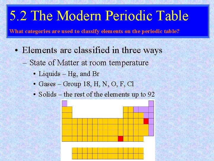 5. 2 The Modern Periodic Table What categories are used to classify elements on