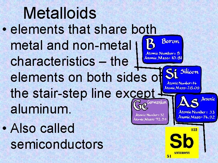 Metalloids • elements that share both metal and non-metal characteristics – the elements on