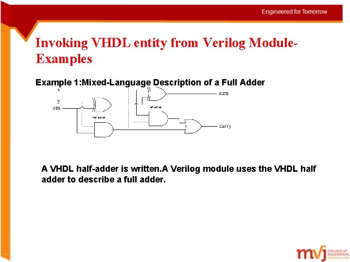 Invoking VHDL entity from Verilog Module. Examples Example 1: Mixed-Language Description of a Full
