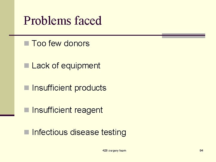 Problems faced n Too few donors n Lack of equipment n Insufficient products n