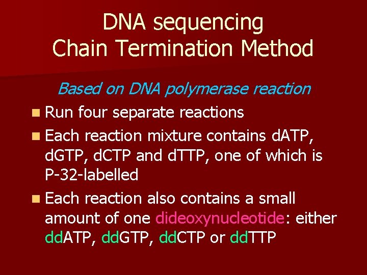 DNA sequencing Chain Termination Method Based on DNA polymerase reaction n Run four separate