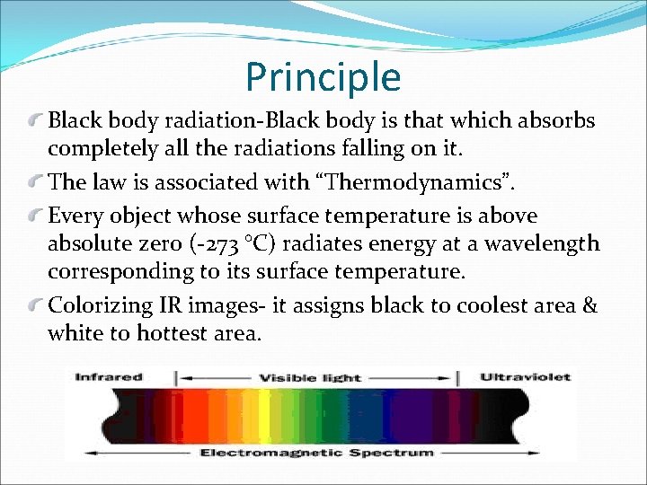 Principle Black body radiation-Black body is that which absorbs completely all the radiations falling