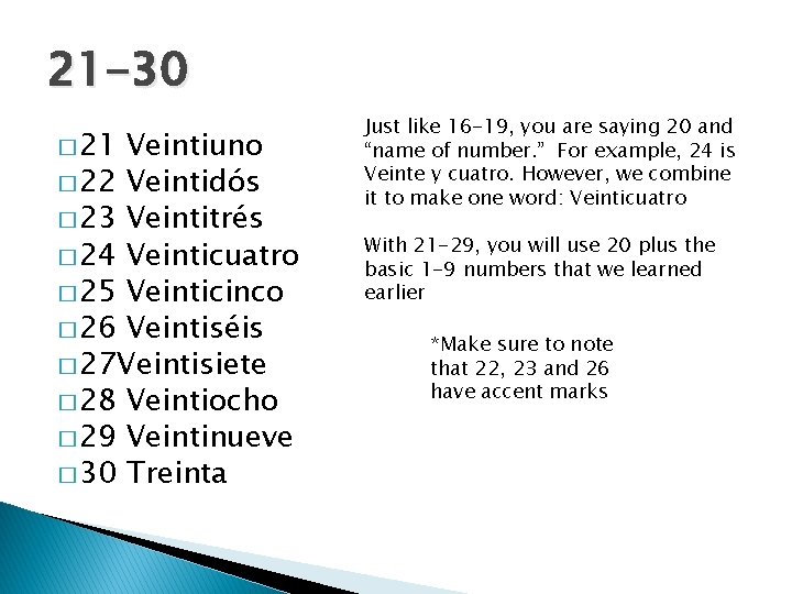 21 -30 � 21 Veintiuno � 22 Veintidós � 23 Veintitrés � 24 Veinticuatro