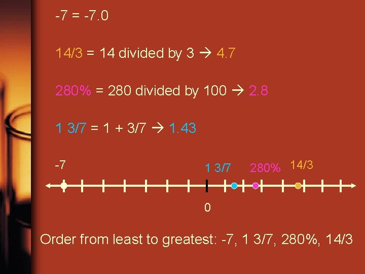 -7 = -7. 0 14/3 = 14 divided by 3 4. 7 280% =