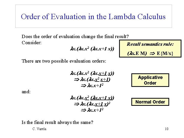 Order of Evaluation in the Lambda Calculus Does the order of evaluation change the