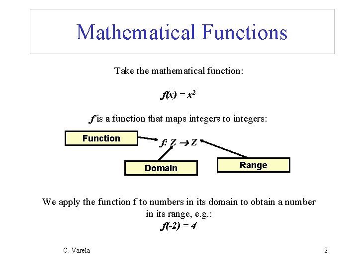 Mathematical Functions Take the mathematical function: f(x) = x 2 f is a function