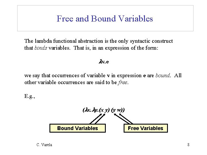 Free and Bound Variables The lambda functional abstraction is the only syntactic construct that