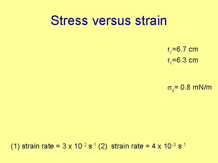 Stress versus strain rc=6. 7 cm rc=6. 3 cm sy= 0. 8 m. N/m