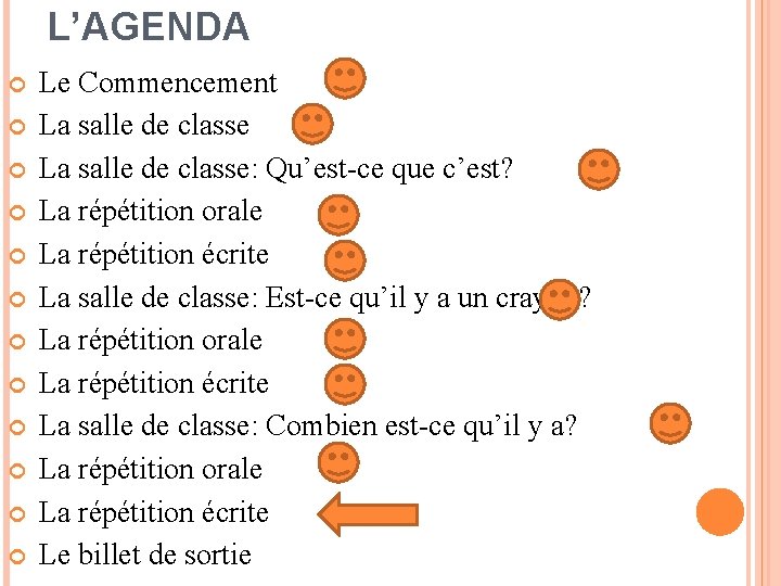L’AGENDA Le Commencement La salle de classe: Qu’est-ce que c’est? La répétition orale La