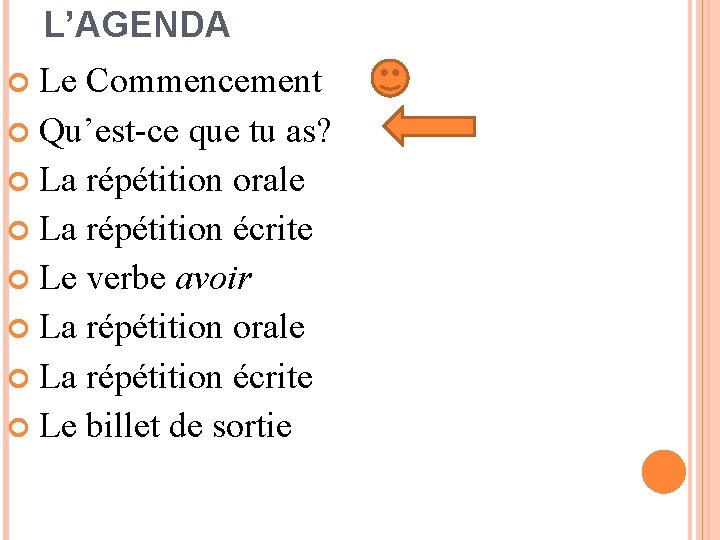 L’AGENDA Le Commencement Qu’est-ce que tu as? La répétition orale La répétition écrite Le