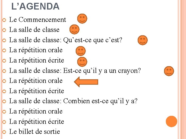 L’AGENDA Le Commencement La salle de classe: Qu’est-ce que c’est? La répétition orale La