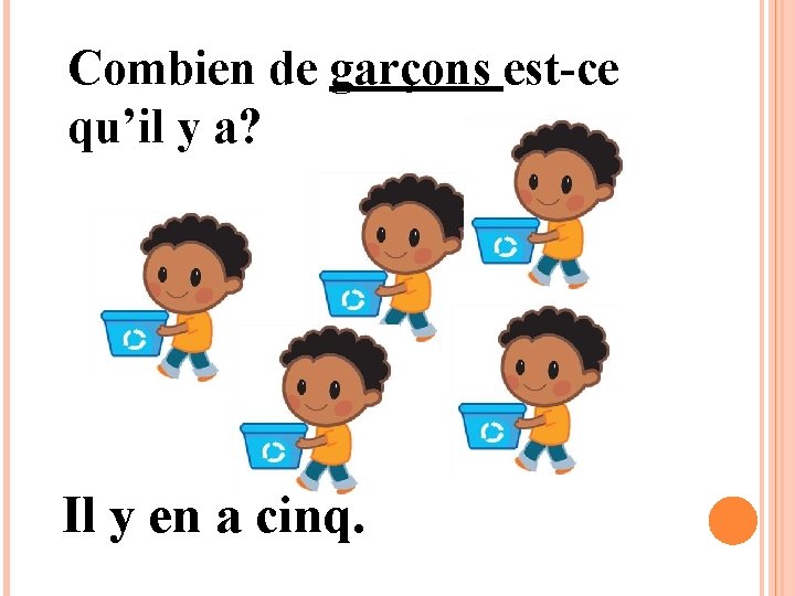 Combien de garçons est-ce qu’il y a? Il y en a cinq. 