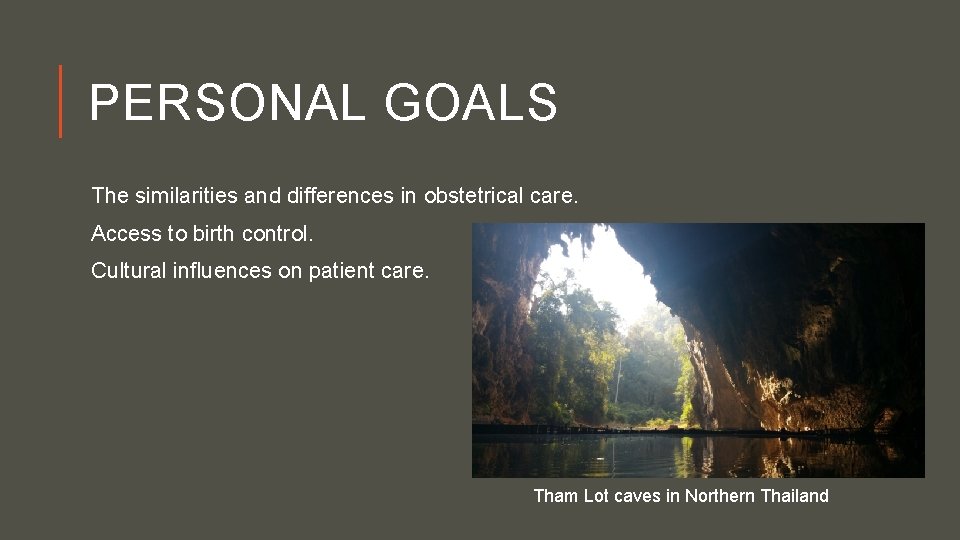 PERSONAL GOALS The similarities and differences in obstetrical care. Access to birth control. Cultural
