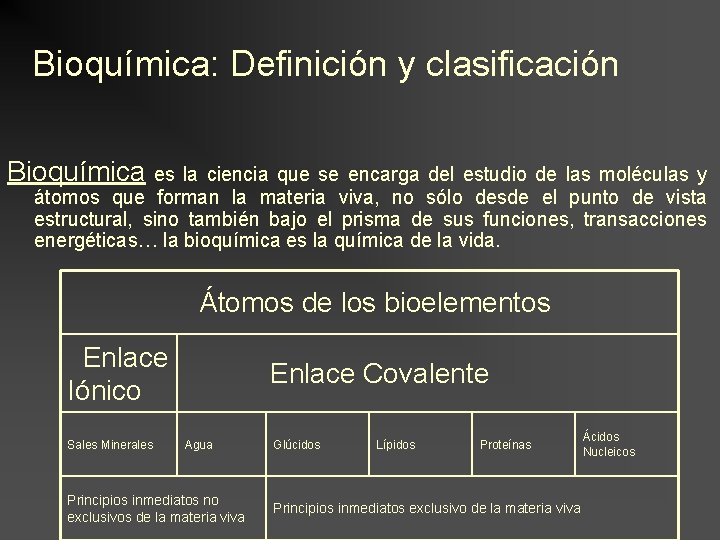 Bioquímica: Definición y clasificación Bioquímica es la ciencia que se encarga del estudio de