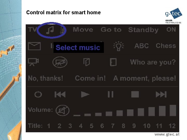 Control matrix for smart home Select music www. gtec. at 