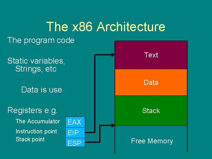 The x 86 Architecture The program code Text Static variables, Strings, etc Data is