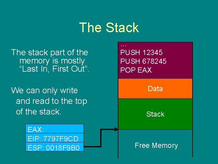 The Stack The stack part of the memory is mostly “Last In, First Out”.