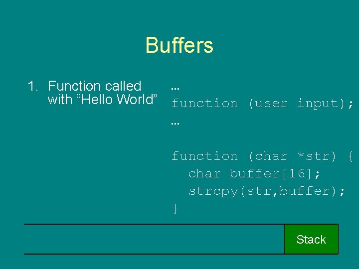 Buffers … 1. Function called with “Hello World” function (user input); … function (char