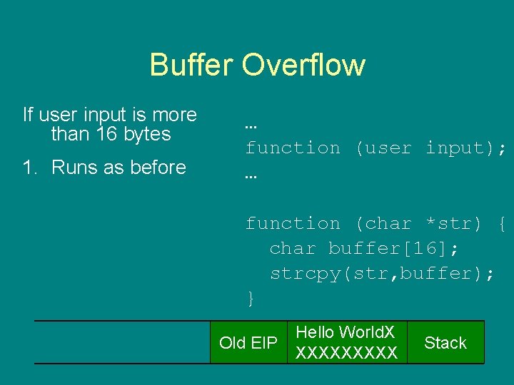 Buffer Overflow If user input is more than 16 bytes 1. Runs as before