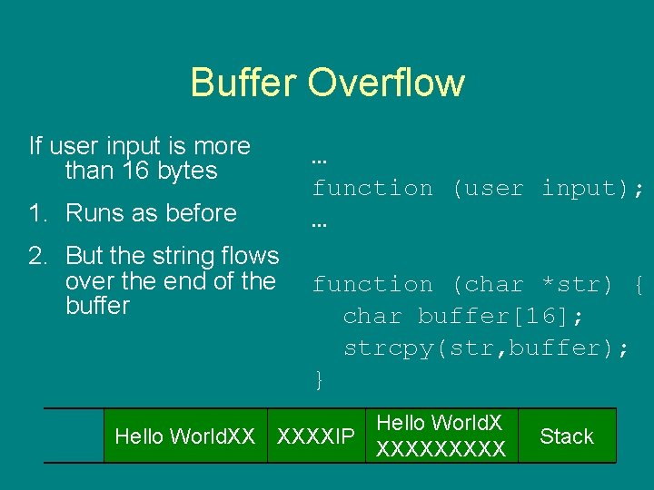 Buffer Overflow If user input is more than 16 bytes 1. Runs as before