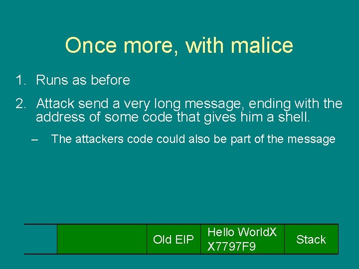 Once more, with malice 1. Runs as before 2. Attack send a very long
