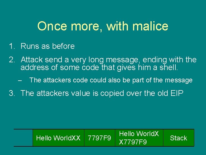 Once more, with malice 1. Runs as before 2. Attack send a very long