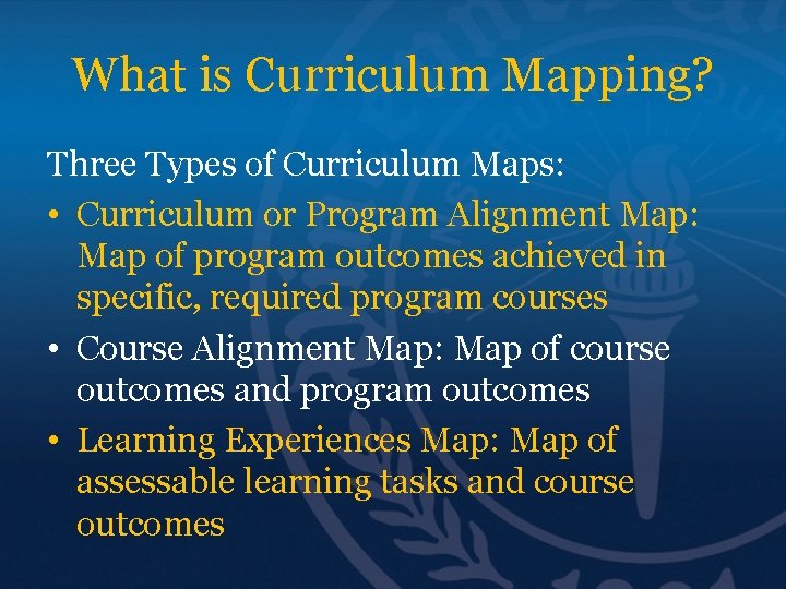 What is Curriculum Mapping? Three Types of Curriculum Maps: • Curriculum or Program Alignment