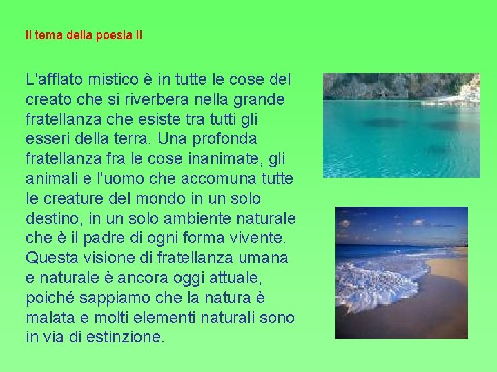 Il tema della poesia II L'afflato mistico è in tutte le cose del creato Il tema della poesia II L'afflato mistico è in tutte le cose del creato