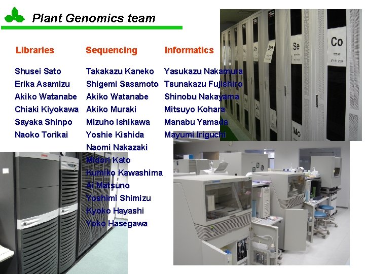 Plant Genomics team Libraries Sequencing Informatics Shusei Sato Takakazu Kaneko Yasukazu Nakamura Erika Asamizu