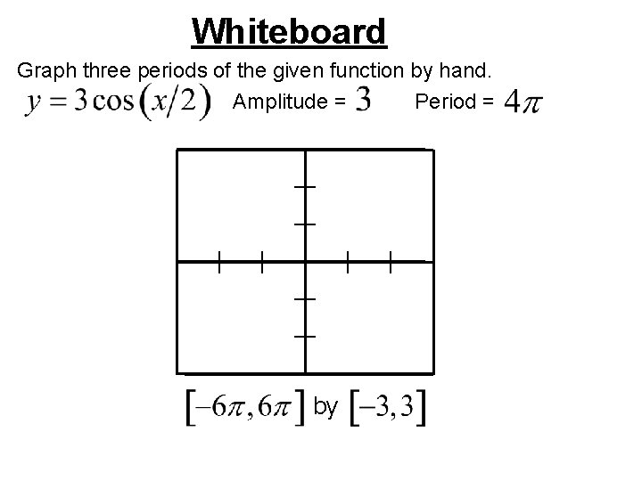 Whiteboard Graph three periods of the given function by hand. Amplitude = Period =