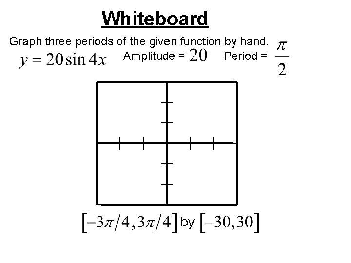 Whiteboard Graph three periods of the given function by hand. Amplitude = Period =