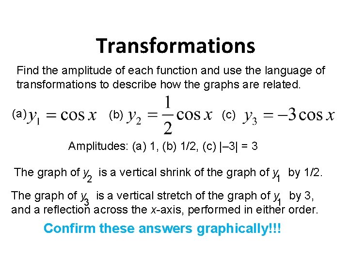 Transformations Find the amplitude of each function and use the language of transformations to