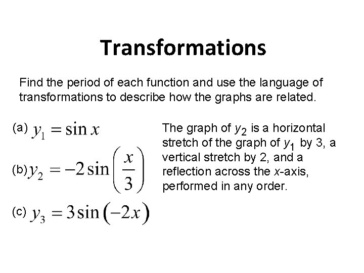 Transformations Find the period of each function and use the language of transformations to
