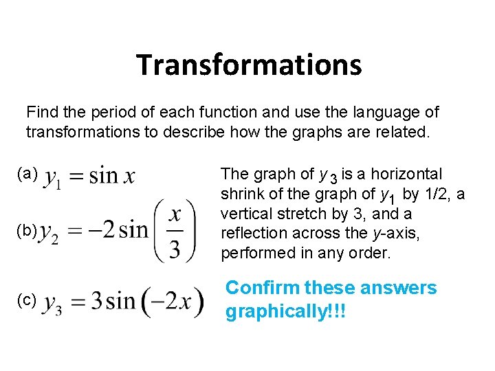 Transformations Find the period of each function and use the language of transformations to