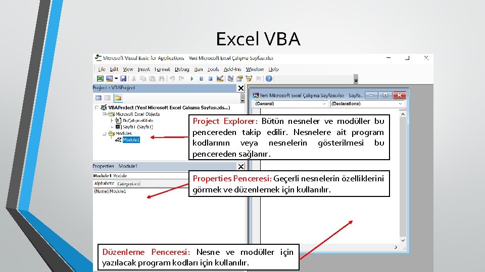 Excel VBA Project Explorer: Bütün nesneler ve modüller bu pencereden takip edilir. Nesnelere ait