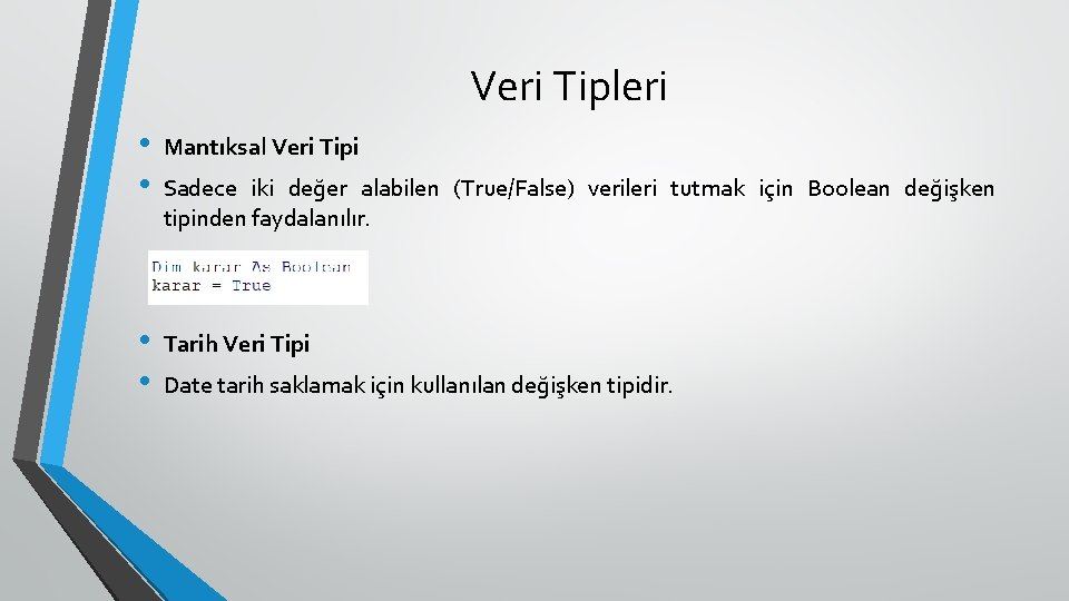 Veri Tipleri • • Mantıksal Veri Tipi • • Tarih Veri Tipi Sadece iki