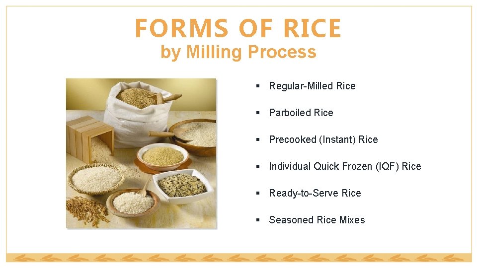 FORMS OF RICE by Milling Process § Regular-Milled Rice § Parboiled Rice § Precooked