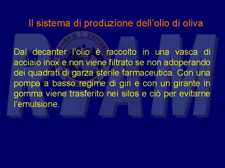 Il sistema di produzione dell’olio di oliva Dal decanter l’olio è raccolto in una