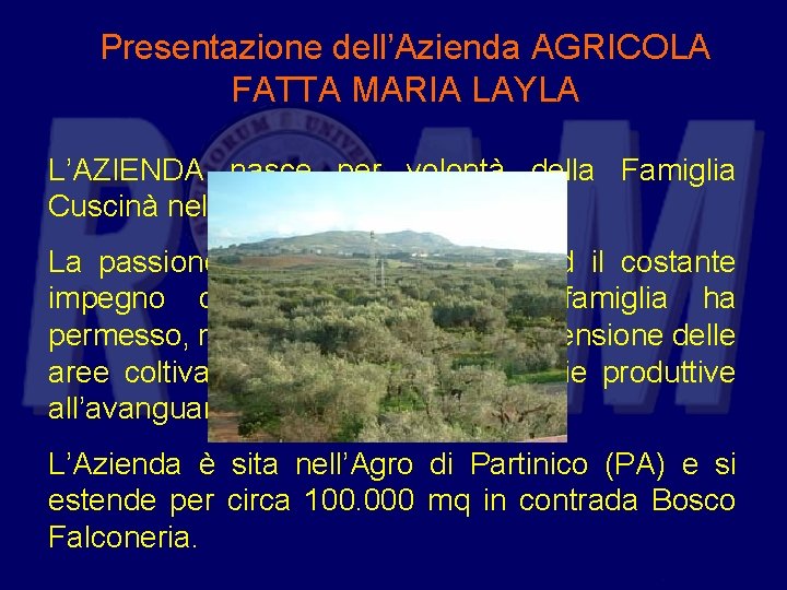 Presentazione dell’Azienda AGRICOLA FATTA MARIA LAYLA L’AZIENDA nasce per volontà della Famiglia Cuscinà nel