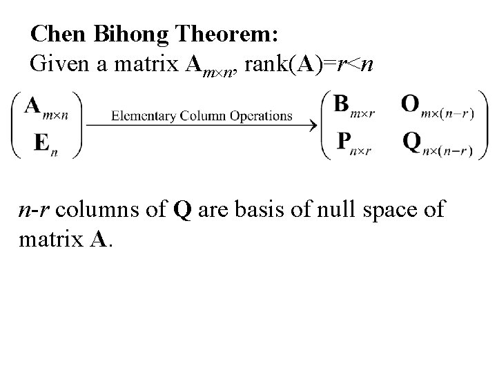 Chen Bihong Theorem: Given a matrix Am n, rank(A)=r<n n-r columns of Q are