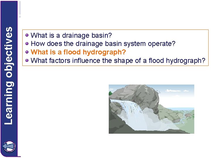 Learning objectives What is a drainage basin? How does the drainage basin system operate? Learning objectives What is a drainage basin? How does the drainage basin system operate?