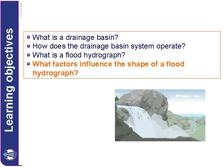 Learning objectives What is a drainage basin? How does the drainage basin system operate? Learning objectives What is a drainage basin? How does the drainage basin system operate?