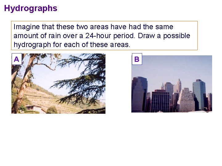 Hydrographs Imagine that these two areas have had the same amount of rain over