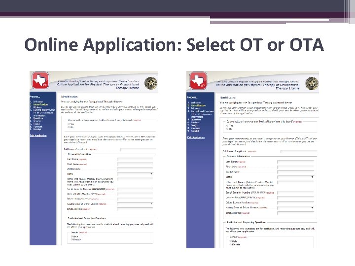 Online Application: Select OT or OTA 