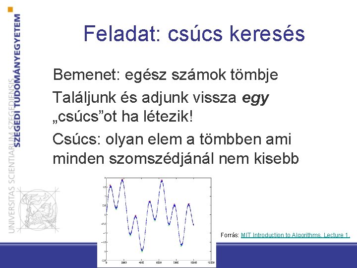 Feladat: csúcs keresés Bemenet: egész számok tömbje Találjunk és adjunk vissza egy „csúcs”ot ha