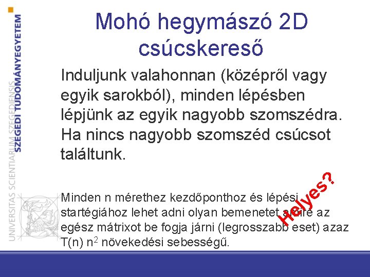 Mohó hegymászó 2 D csúcskereső Induljunk valahonnan (középről vagy egyik sarokból), minden lépésben lépjünk