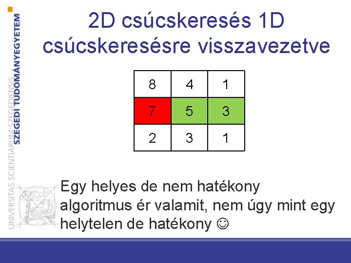 2 D csúcskeresés 1 D csúcskeresésre visszavezetve 8 4 1 7 5 3 2