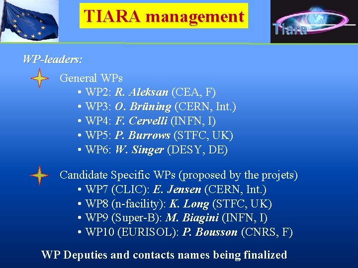 TIARA management WP-leaders: General WPs • WP 2: R. Aleksan (CEA, F) • WP